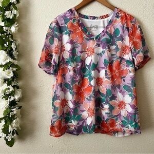 Denim&Co Short Sleeve Purple & Orange Chiffon Floral Top